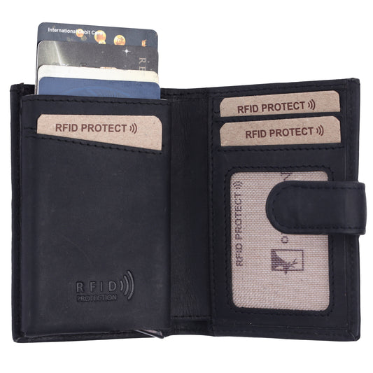 MERCANO® Schwarze Geldbörse für Damen und Herren aus Leder mit Flipcase | RFID-Schutz | 10 Kartenfächern | Scheinfach | Münzfach | #C01