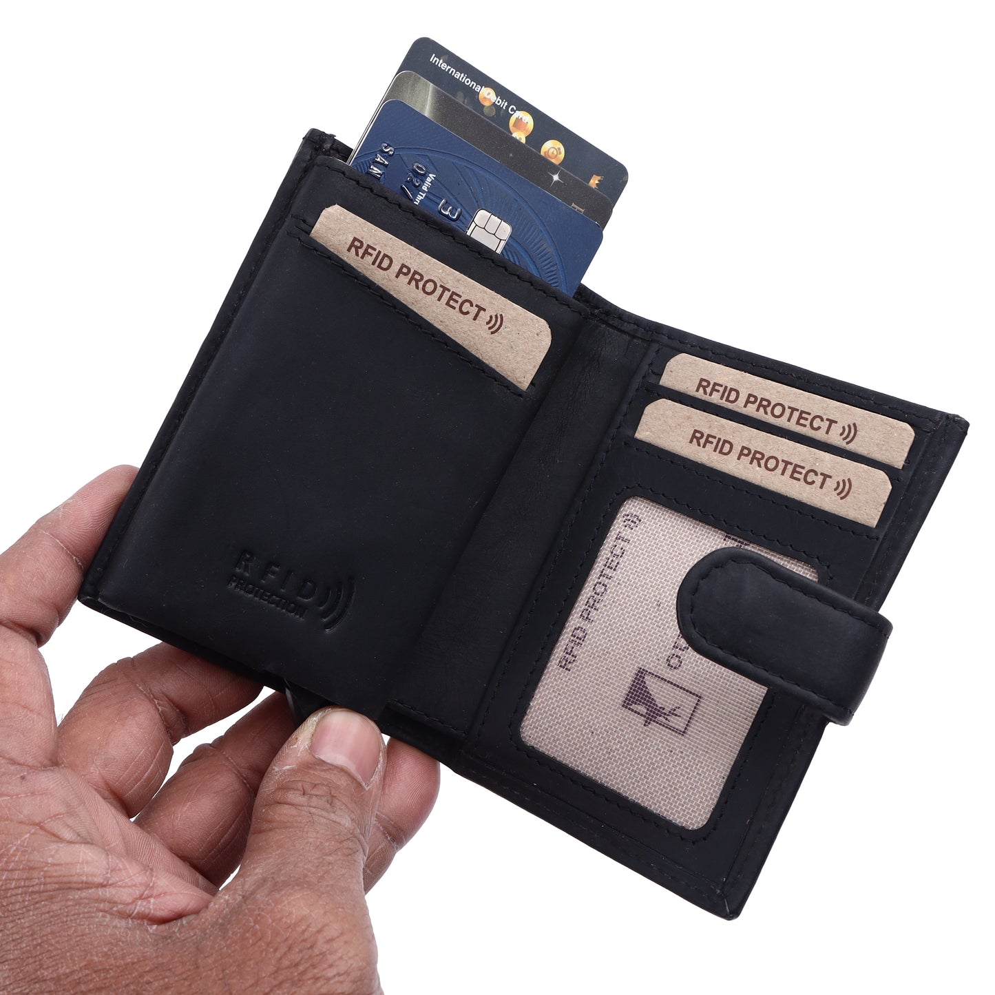 MERCANO® Schwarze Geldbörse für Damen und Herren aus Leder mit Flipcase | RFID-Schutz | 10 Kartenfächern | Scheinfach | Münzfach | #C01