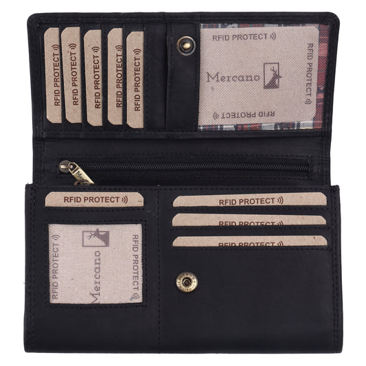 MERCANO® Schwarze Damen Geldbörse aus Leder mit RFID-Schutz | 11 Kartenfächern | 4 Scheinfächern | Münzfach | #PL03