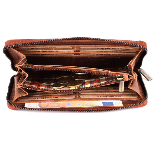 MERCANO® Braune Damen Geldbörse| Reißverschluss | Leder | RFID-Schutz | 13 Kartenfächern | 2 Scheinfächern | 2 Münzfächer | #RZ06