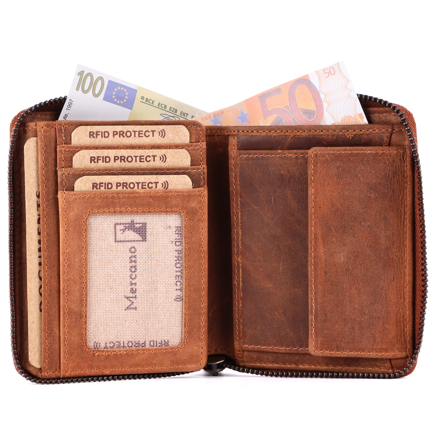 MERCANO® Kleine Damen Geldbörse mit Reißverschluss | Leder | RFID-Schutz | 11 Kartenfächern | 2 Scheinfächern | Münzfach | #RZ05