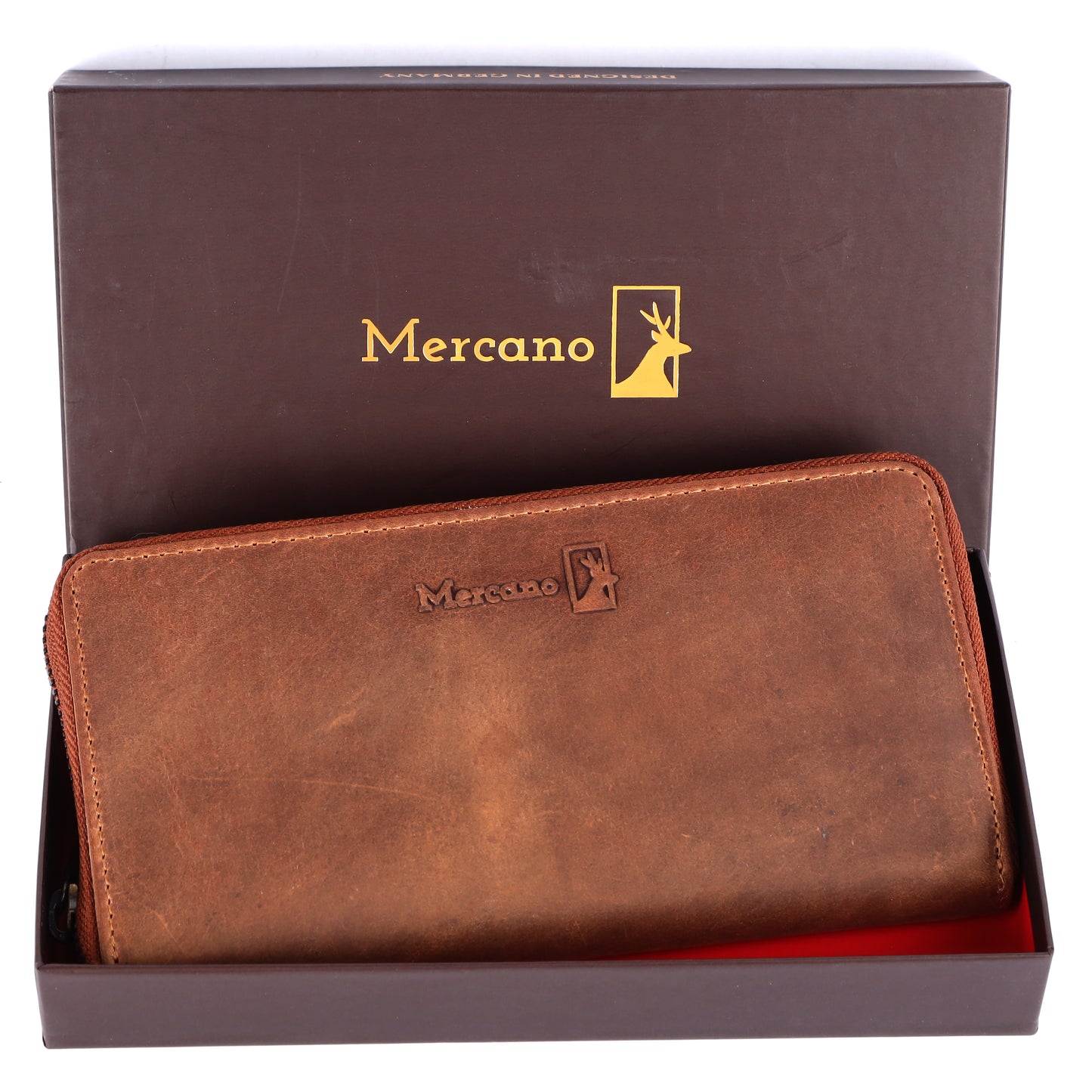 MERCANO® Braune Damen Geldbörse| Reißverschluss | Leder | RFID-Schutz | 13 Kartenfächern | 2 Scheinfächern | 2 Münzfächer | #RZ06