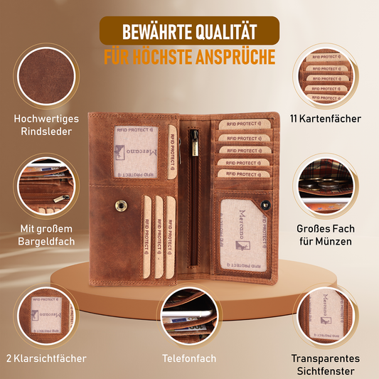 MERCANO® Braune Damen Geldbörse | Leder | RFID-Schutz | 11 Kartenfächern | 4 Scheinfächern | Münzfach | #PL01