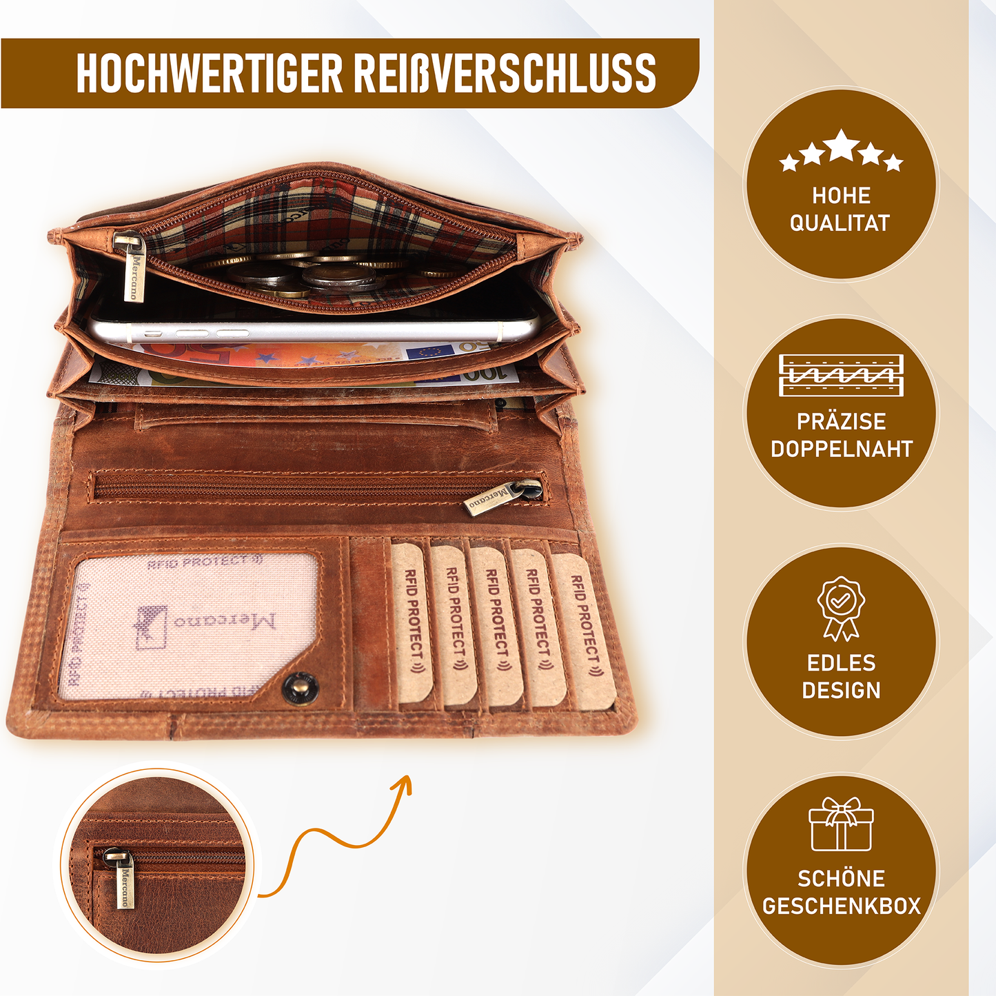 MERCANO® Damen Geldbörse aus Leder mit RFID-Schutz | 11 Kartenfächern | 3 Scheinfächern | Münzfach | #JL01