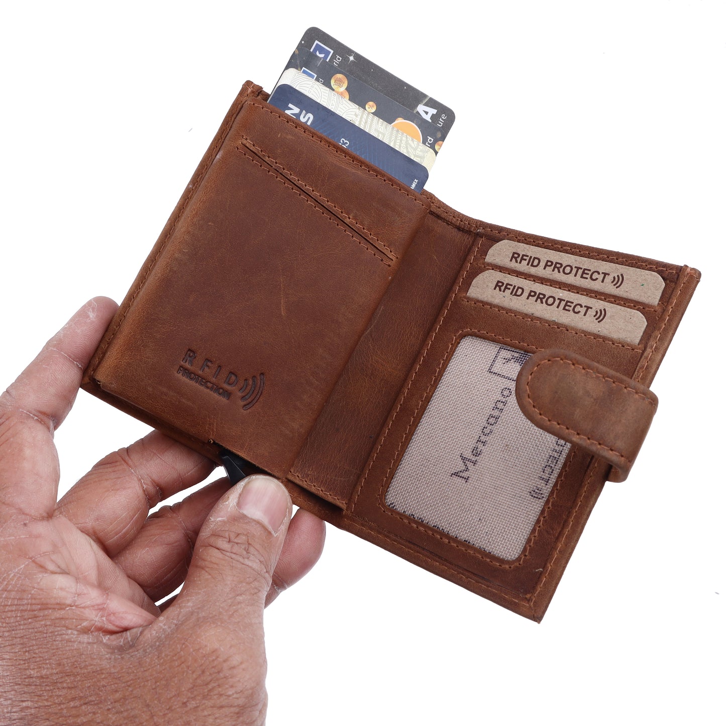 MERCANO® Braune Geldbörse für Damen und Herren aus Leder mit Flipcase | RFID-Schutz | 10 Kartenfächern | Scheinfach | Münzfach | #C03