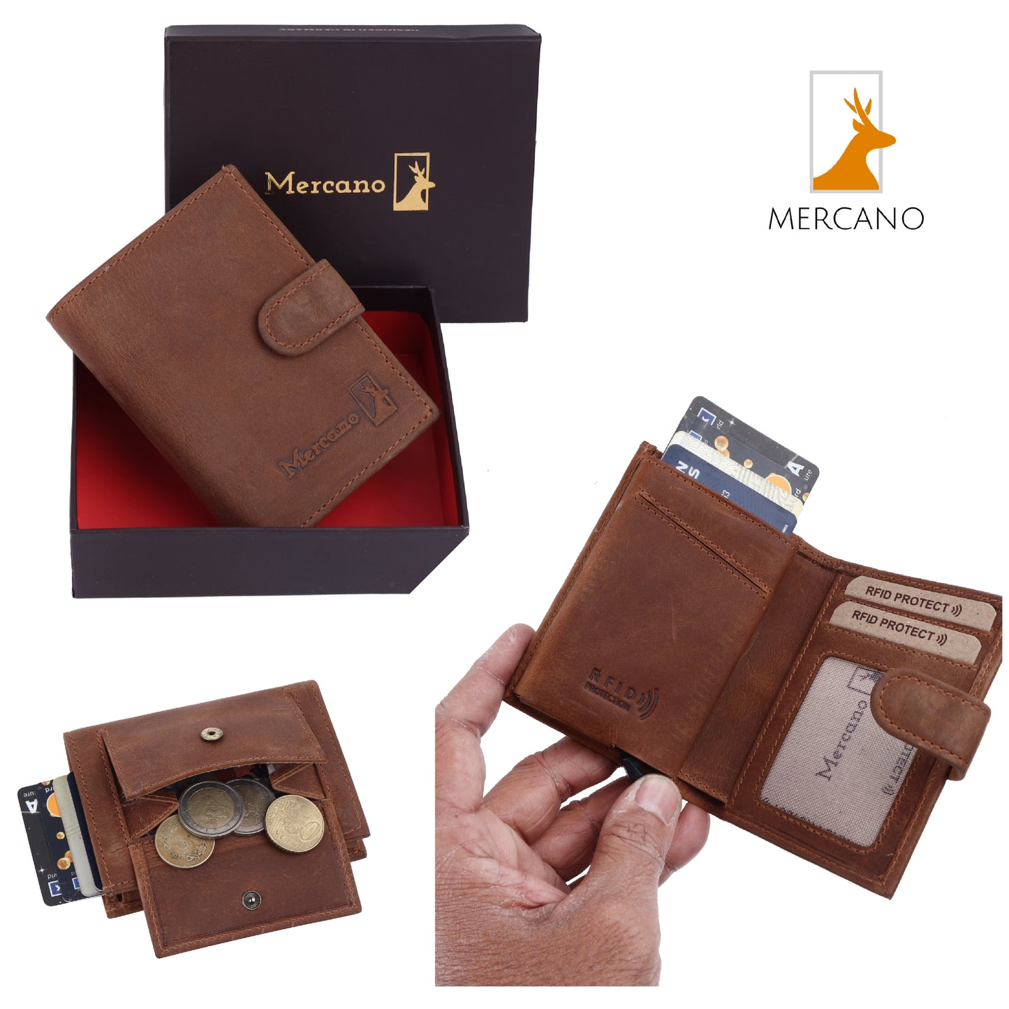 MERCANO® Braune Geldbörse für Damen und Herren aus Leder mit Flipcase | RFID-Schutz | 10 Kartenfächern | Scheinfach | Münzfach | #C03