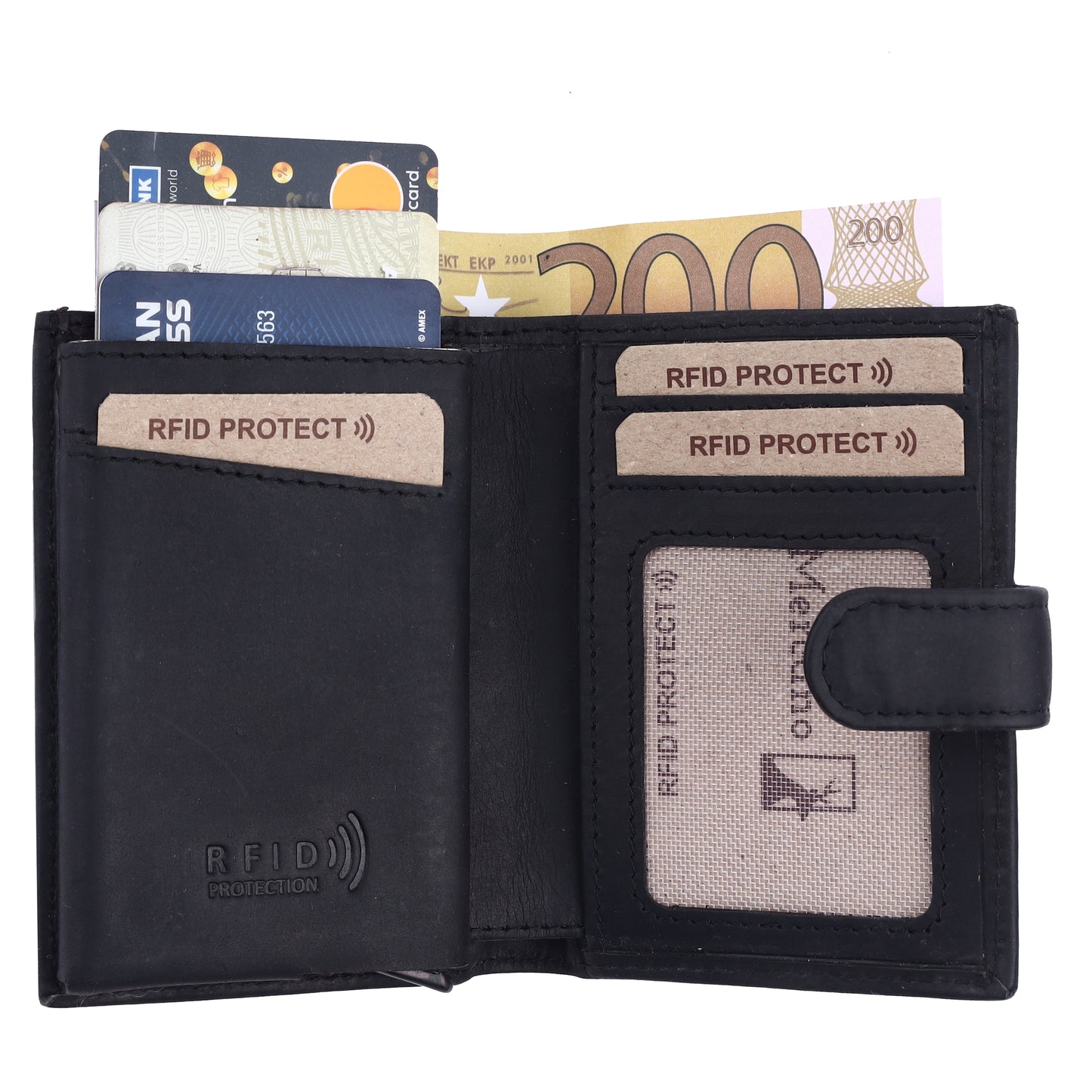 MERCANO® Schwarze Geldbörse für Damen und Herren aus Leder mit Flipcase | RFID-Schutz | 10 Kartenfächern | Scheinfach | Münzfach | #C01