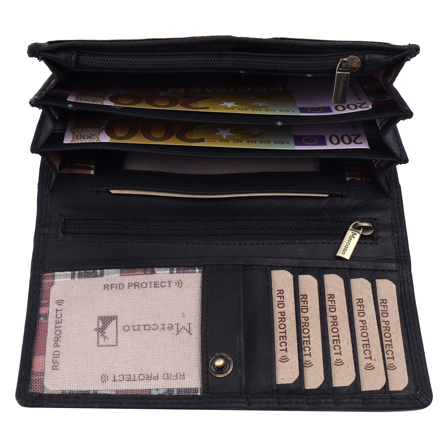 MERCANO® Schwarze Damen Geldbörse aus Leder mit RFID-Schutz | 11 Kartenfächern | 4 Scheinfächern | Münzfach | #PL03