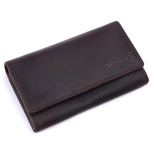 Mercano® dunkelbraune Damen Geldbörse aus Leder mit RFID-Schutz - 11 Kartenfächer, 4 Scheinfächer und Münzfach -, robust und verschließbar - #PL02