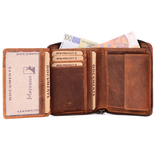 MERCANO® Kleine Damen Geldbörse mit Reißverschluss | Leder | RFID-Schutz | 11 Kartenfächern | 2 Scheinfächern | Münzfach | #RZ05