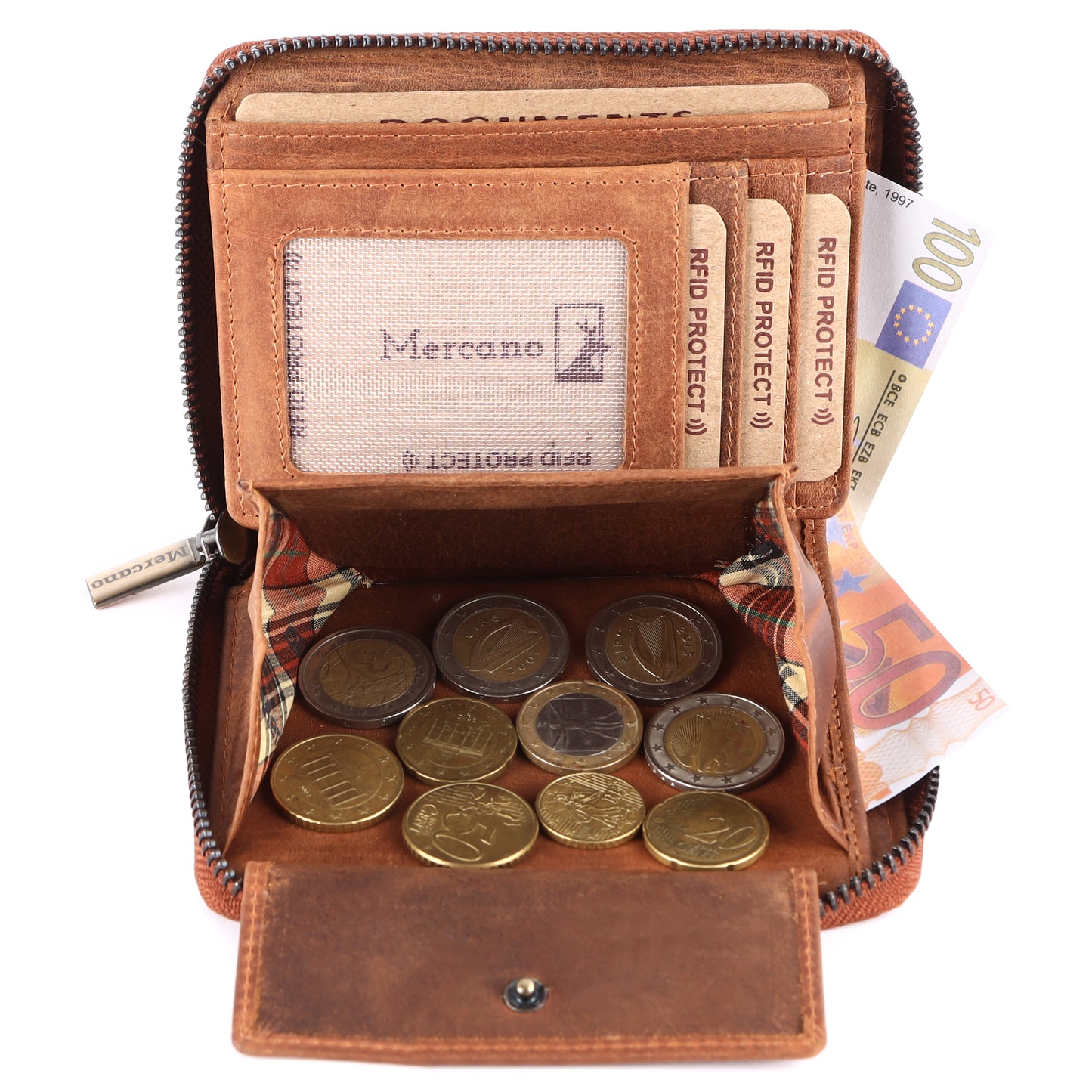 MERCANO® Kleine Damen Geldbörse mit Reißverschluss | Leder | RFID-Schutz | 11 Kartenfächern | 2 Scheinfächern | Münzfach | #RZ05